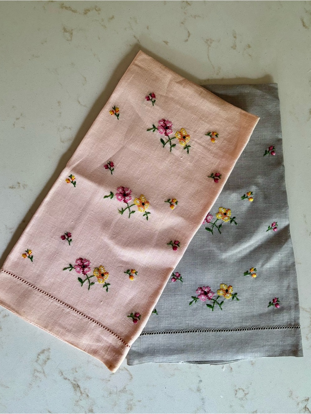 Pair of Embroidered Floral Linen Napkins - Pink & Gray